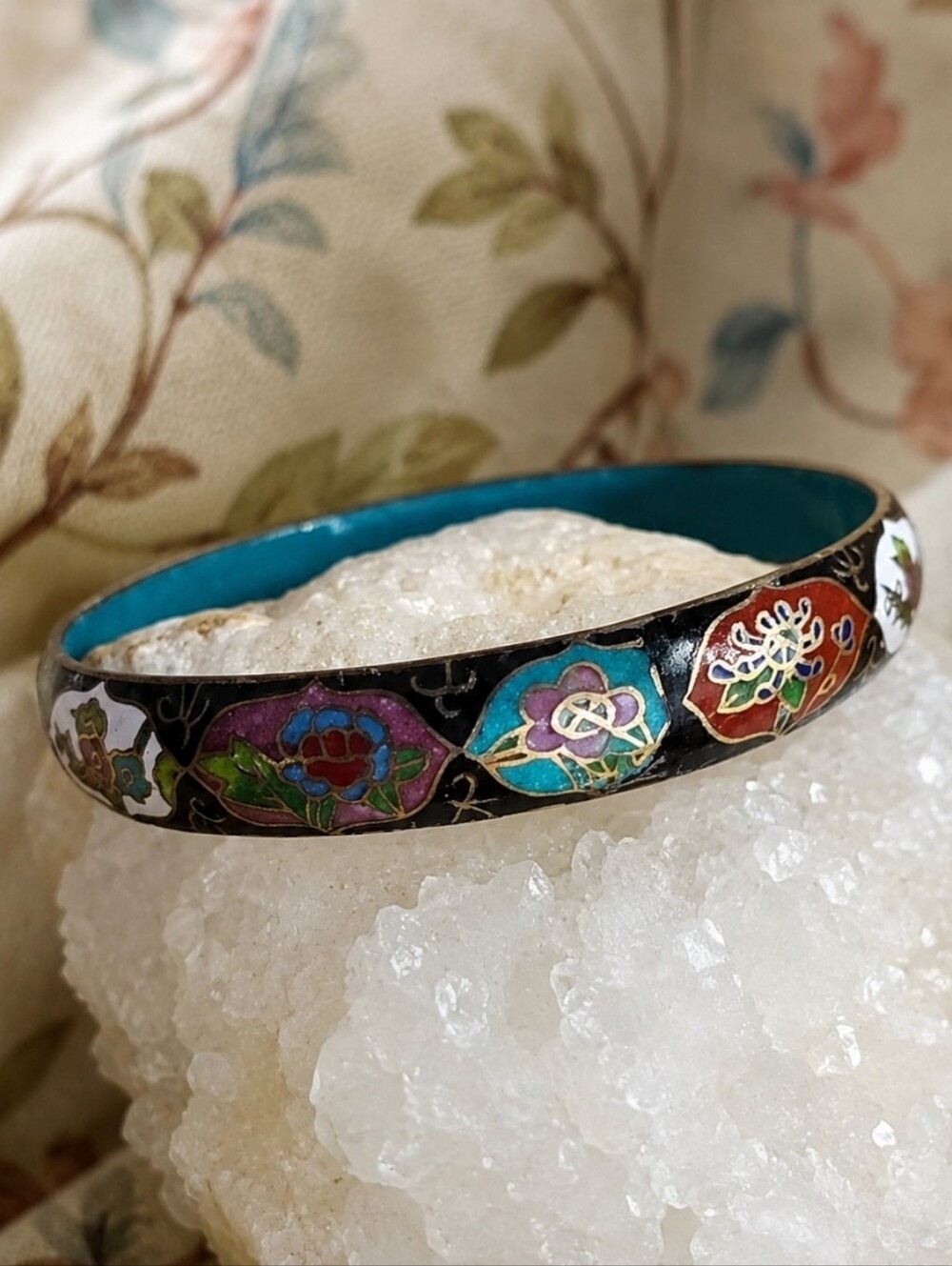 Vintage Asian Enameled Cloisonné Floral Ceramic Bangle Bracelet